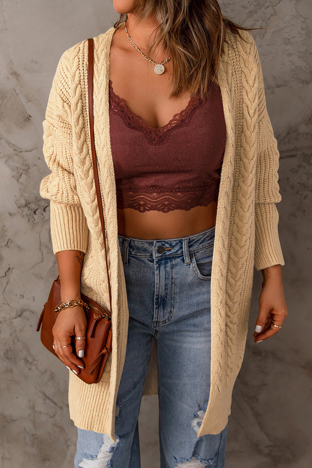Orange Chunky Knit Open Front Cardigan
