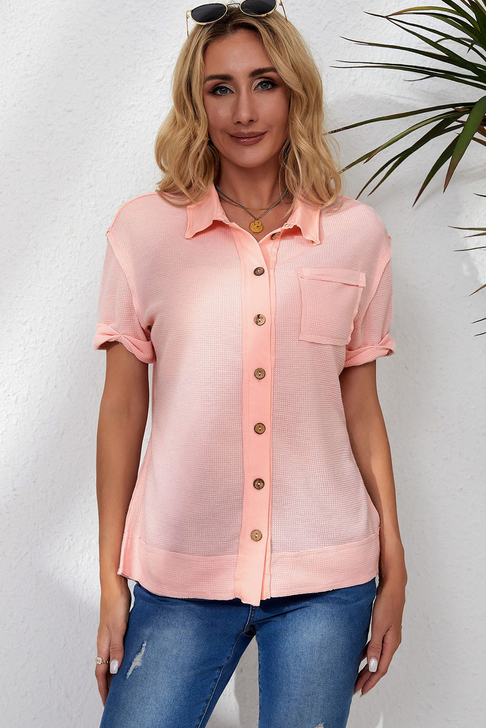 Pink Acid Wash Waffle Knit Short Sleeve Buttoned Shirt