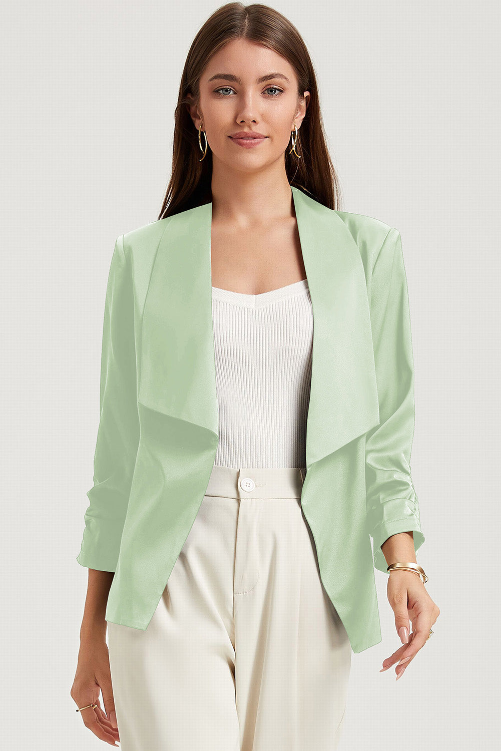 Apricot Solid Lapel Collar Satin Blazer