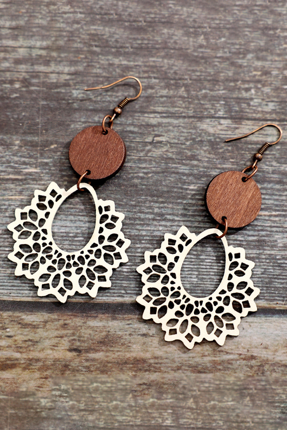 White Hollowed Flower Round Wood Pendant Earrings