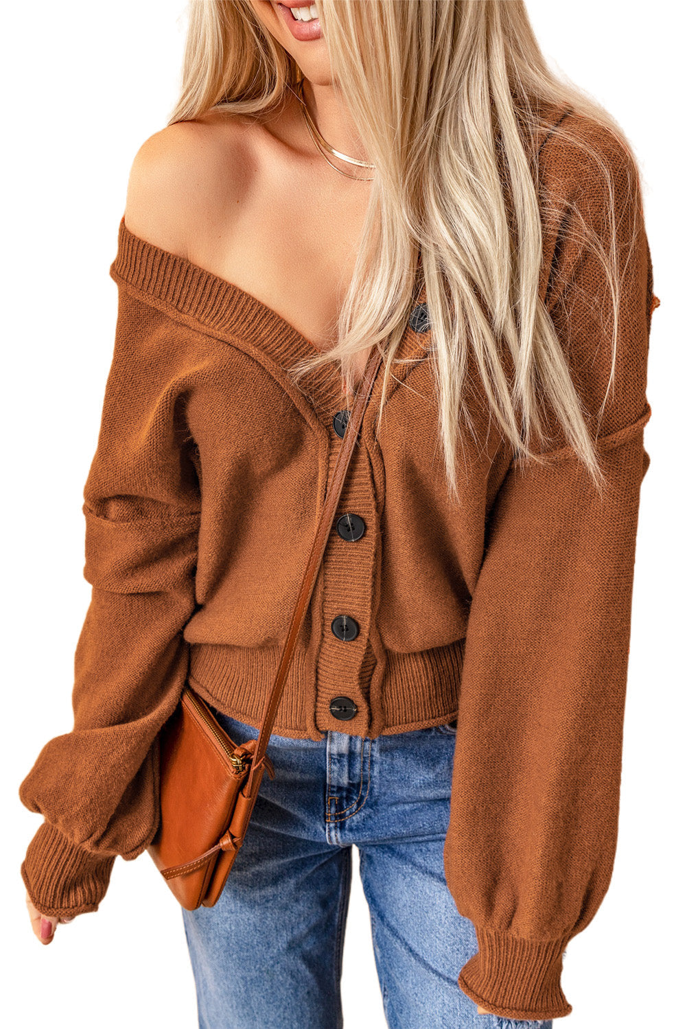 Reverse Seam Trim Puff Sleeve Plunging Cardigan