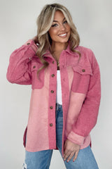 Pink Colorblock Buttoned Flap Pocket Sherpa Shacket