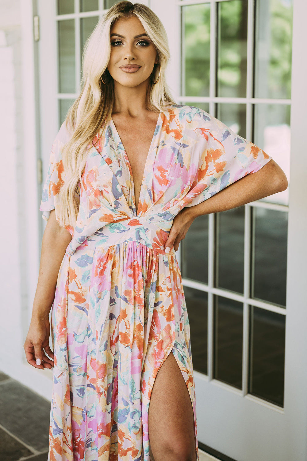 Multicolor Tropical Floral Print Ruched V Neck Maxi Dress