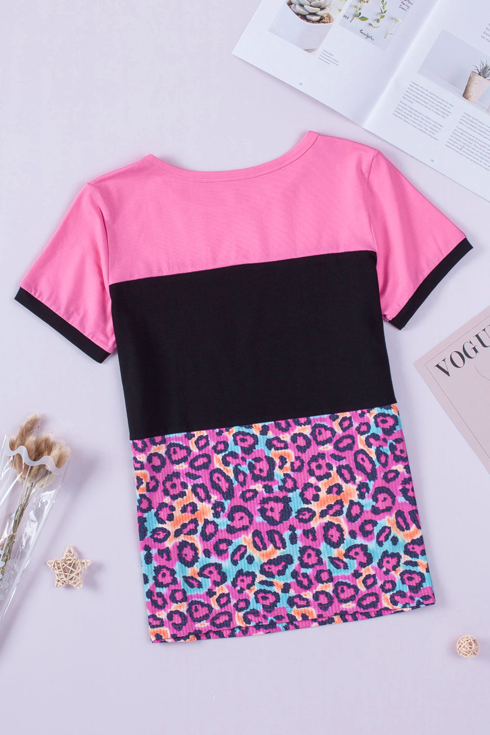 Rose Leopard Print Color Block Textured T-shirt