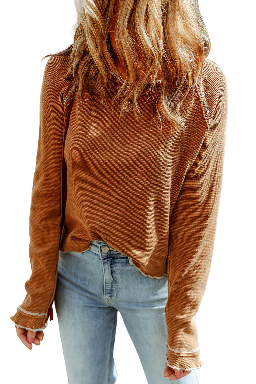 Red Textured Round Neck Long Sleeve Top