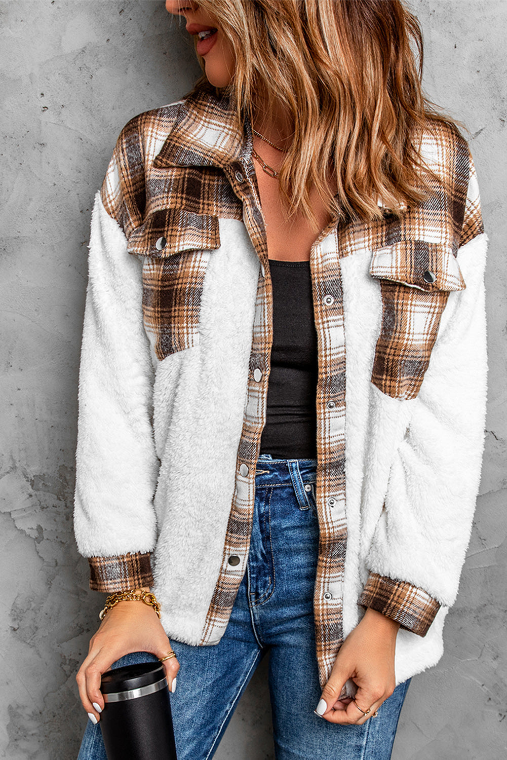 Gray Plaid Patchwork Buttoned Pocket Sherpa Jacket