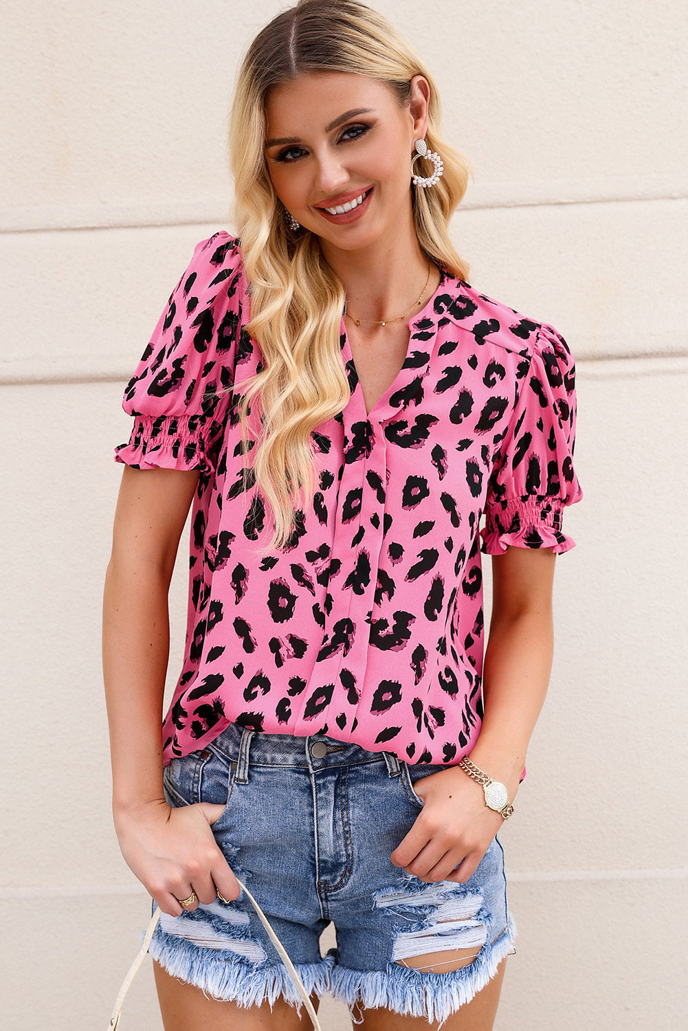 Pink Leopard Notch Neck Bubble Sleeve Blouse