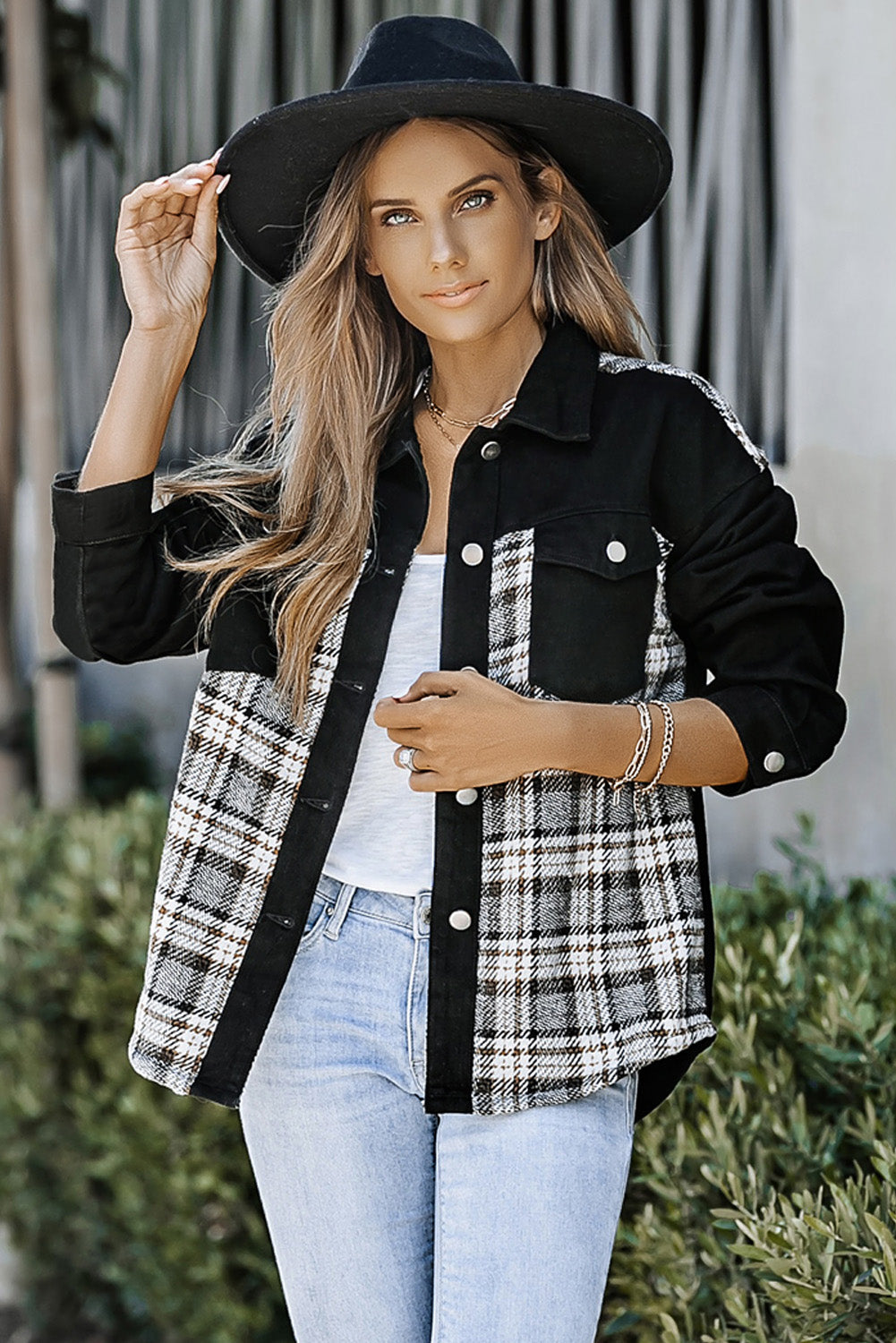 Sky Blue Plaid Patchwork Raw Hem Denim Jacket