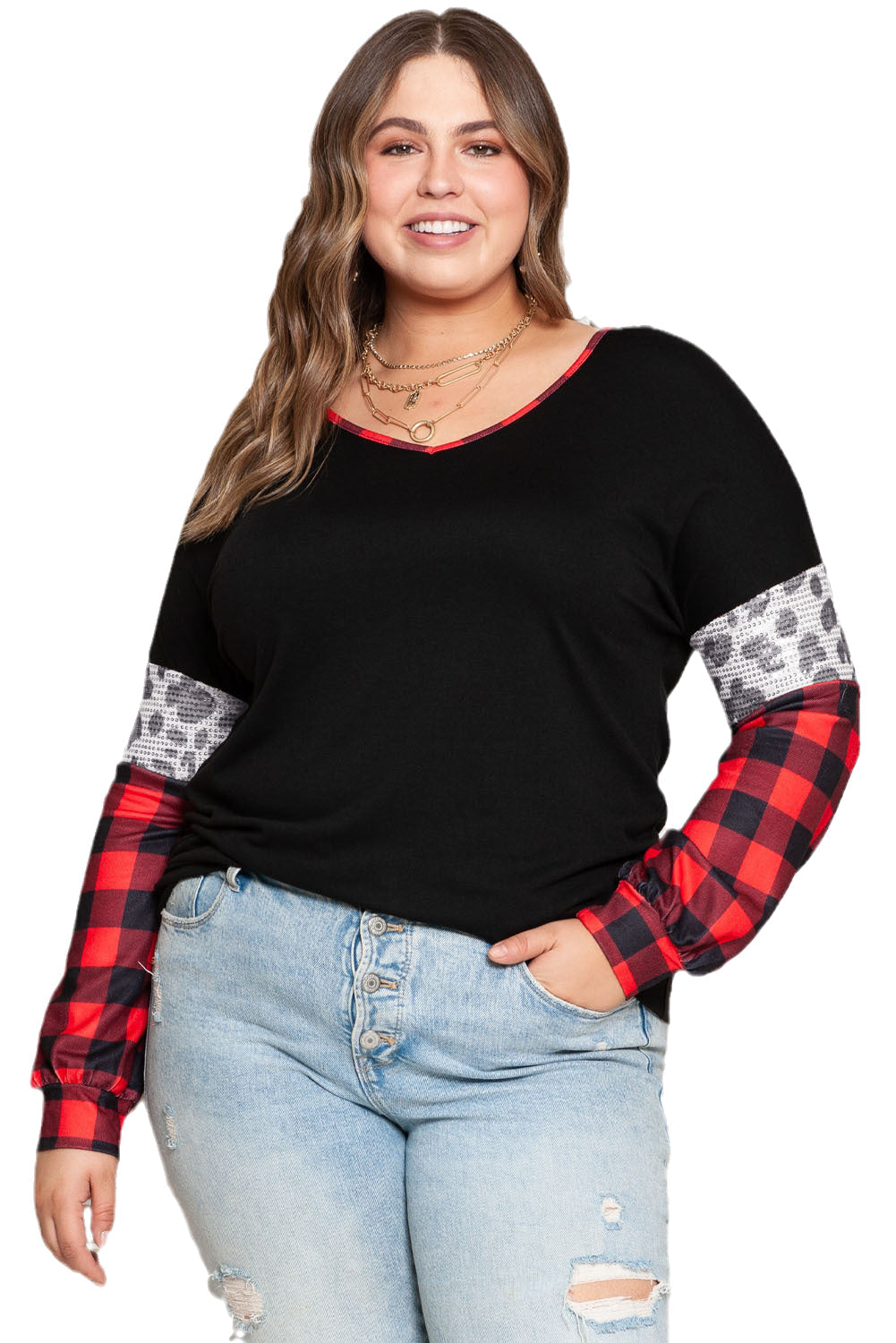 Black Sequined Leopard Insert Plaid Sleeve Plus Size Top