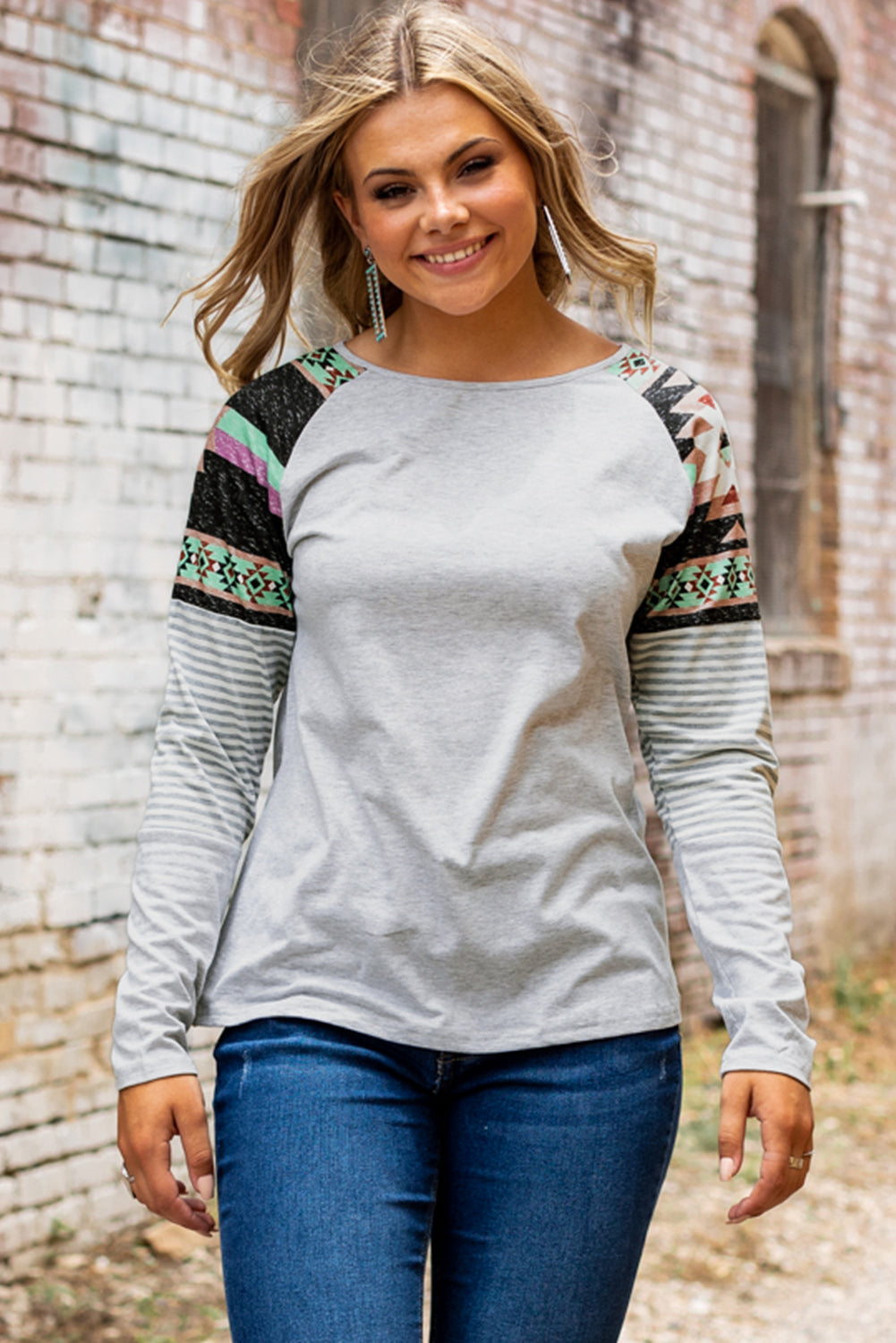 Round Neck Tribal Striped Raglan Top