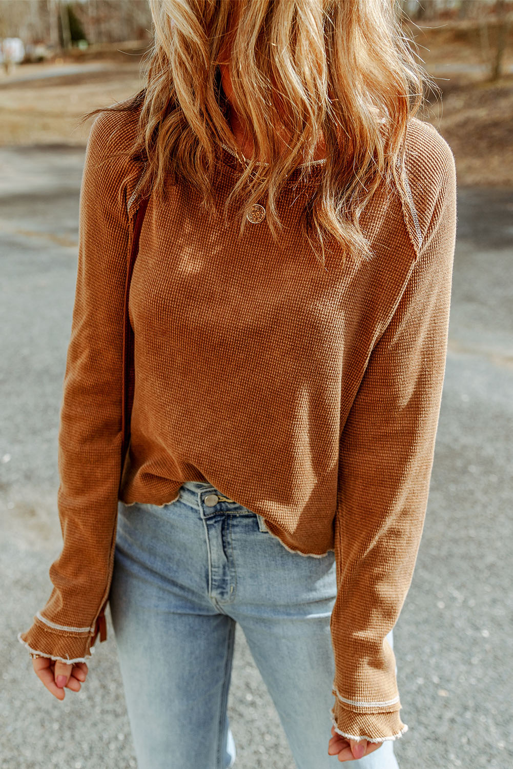 Red Textured Round Neck Long Sleeve Top