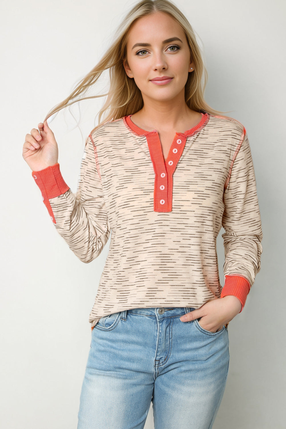 White Irregular Pin Stripe Colorblock Henley Top