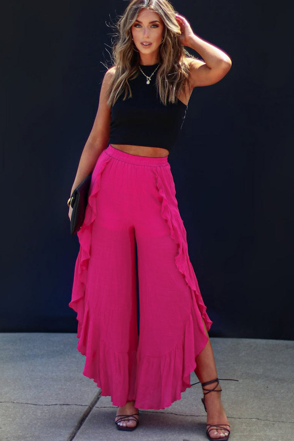 Rose Ruffle Slit High Waist Wide Leg Pants