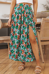 Green Floral Print Pleated Slit Skirt