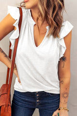 White Casual Solid V Neck Butterfly Sleeve Top