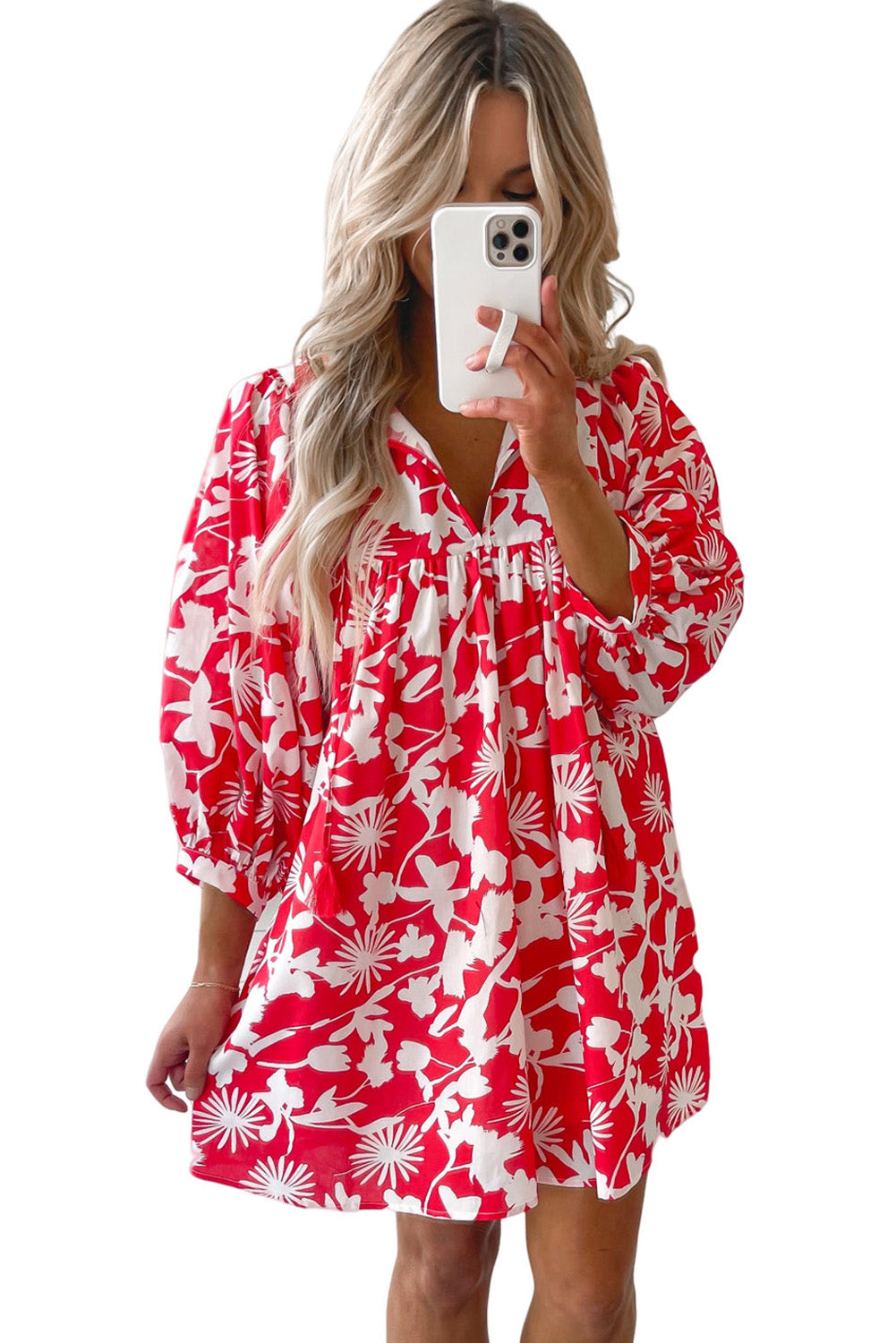 Red Floral Print Puff Sleeve Split Neck Babydoll Mini Dress