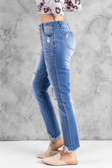 Sky Blue High Rise Button Front Frayed Ankle Skinny Jeans