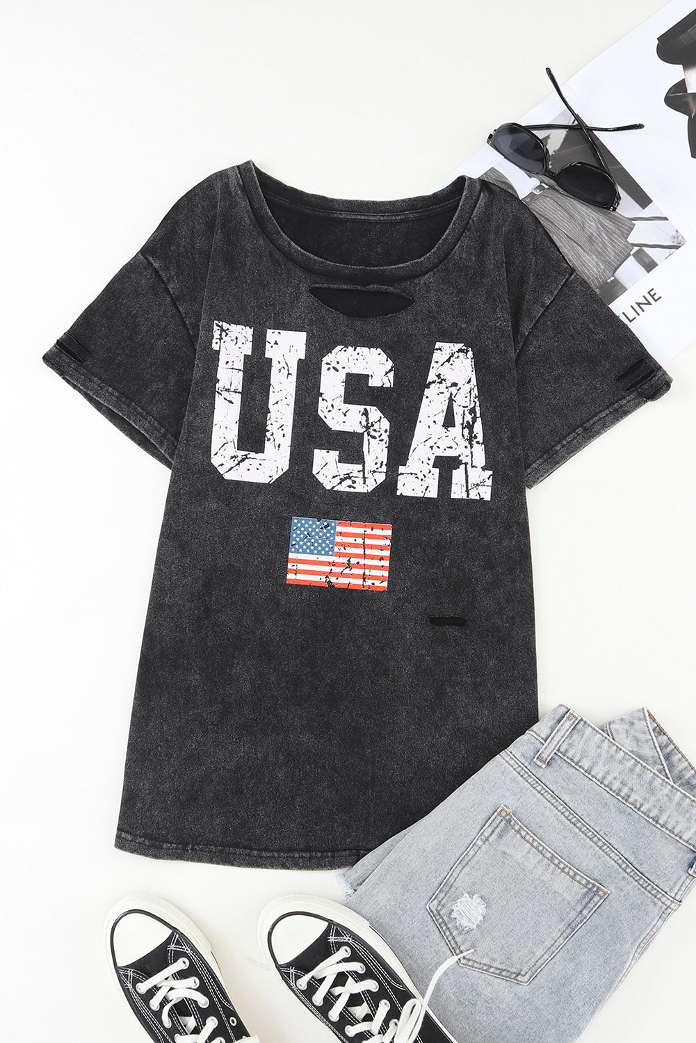 Black Distressed Tie-dye USA Flag Print T-shirt