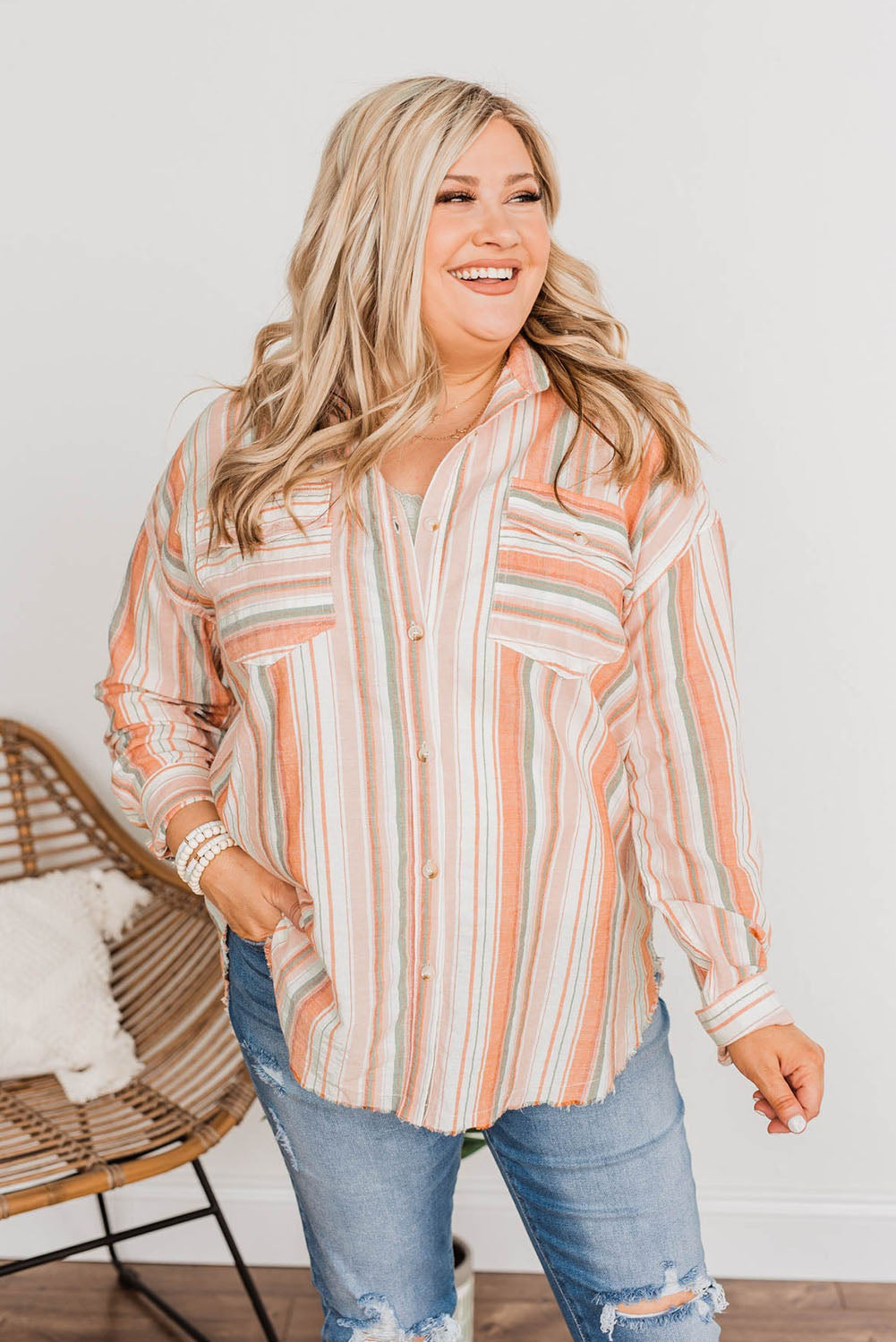 Orange Plus Size Striped Shirt with Chest Pockets