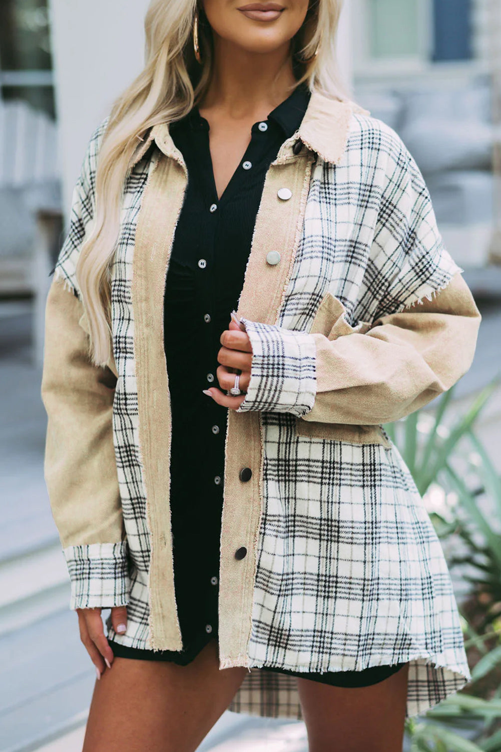 Khaki Distressed Raw Edge Plaid Patchwork Denim Jacket