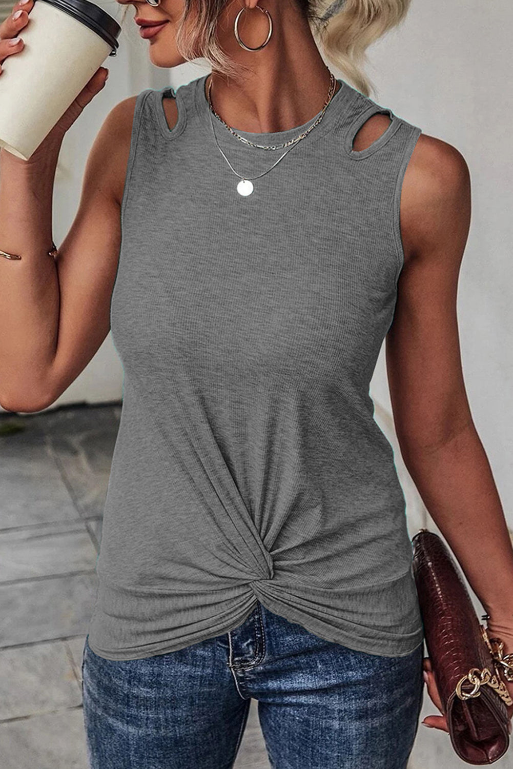 Red Rib Knit Cut-out Front Twist Tank Top