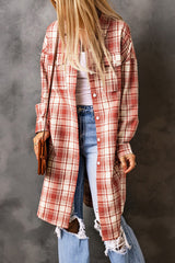 Red Plaid Print Button Long Shacket