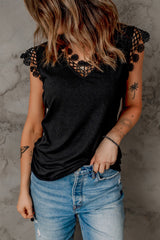 Black Lace Crochet Ribbed V Neck Tank Top