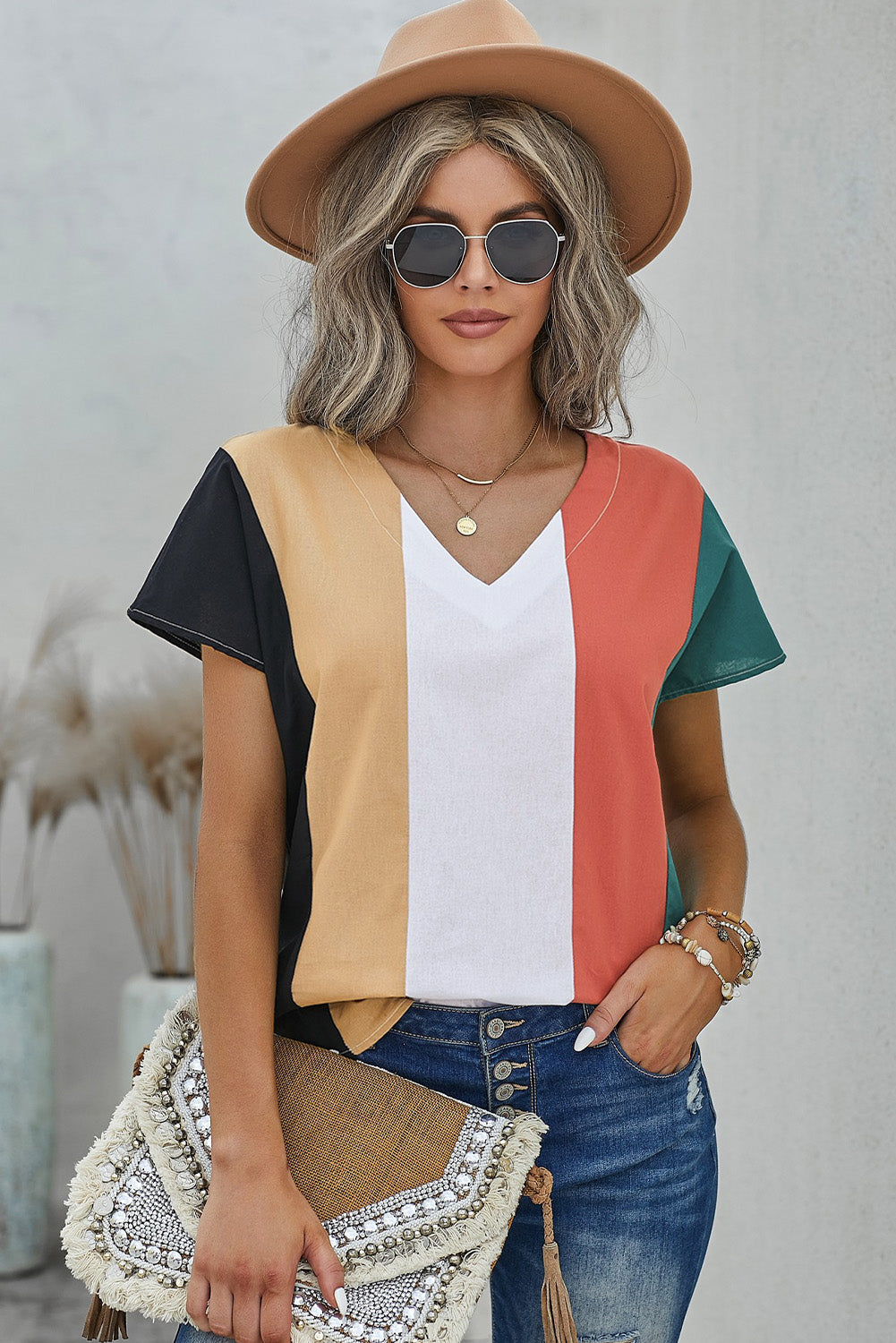 Multicolor Colorblock V Neck Short Sleeve Top