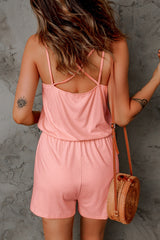 Pink Spaghetti Straps V Neck Crisscross Back Romper