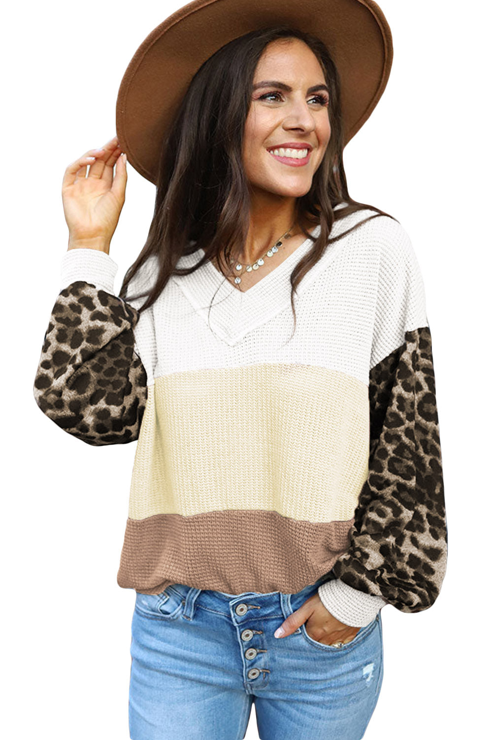 Red Wild Leopard Contrast Sleeve Colorblock Waffle Knit Top