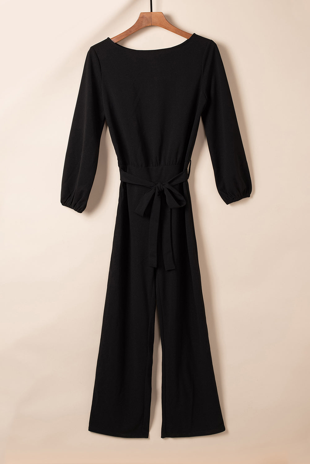 Black Boat Neck Bubble Sleeve Straight Legs Jumpsuit with Belt Tie