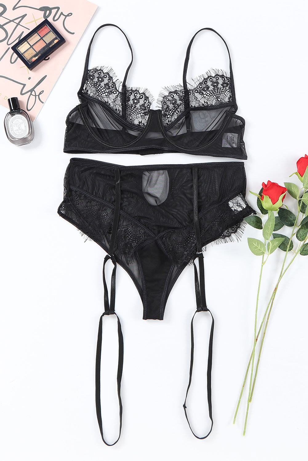 Black Lace Mesh Patchwork Plus Size Lingerie Set