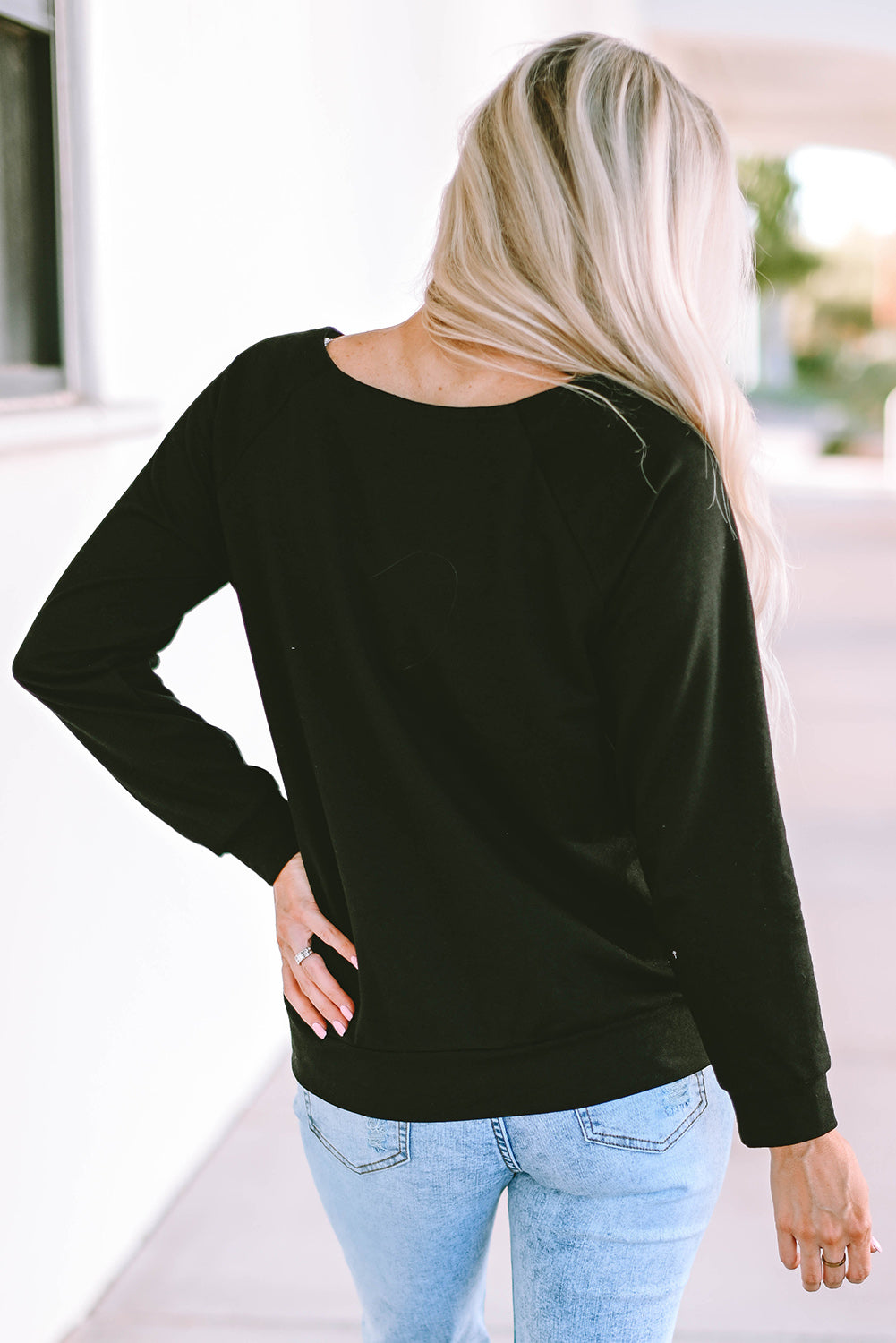 Black Solid Casual Round Neck Raglan Long Sleeve Tee