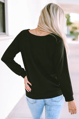 Black Solid Casual Round Neck Raglan Long Sleeve Tee