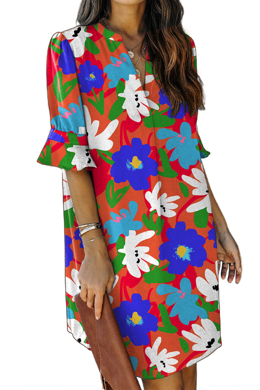 Multicolor Split V Collar Ruffle Sleeve Floral Shift Dress