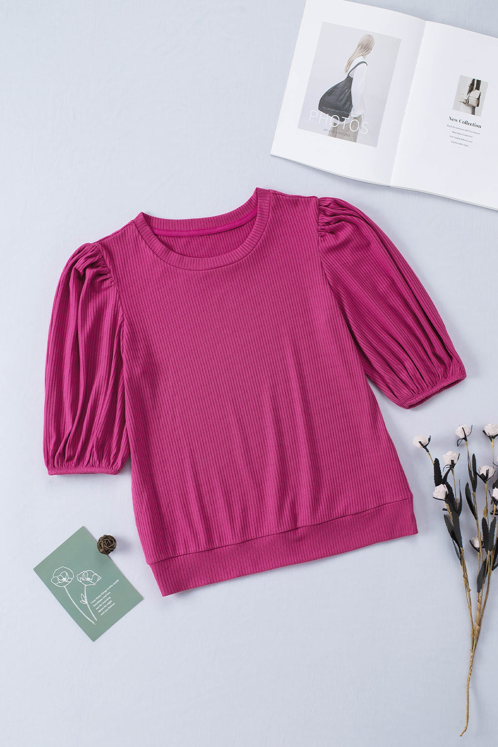 Purple Bubble Half Sleeves Ribbed Knit Top