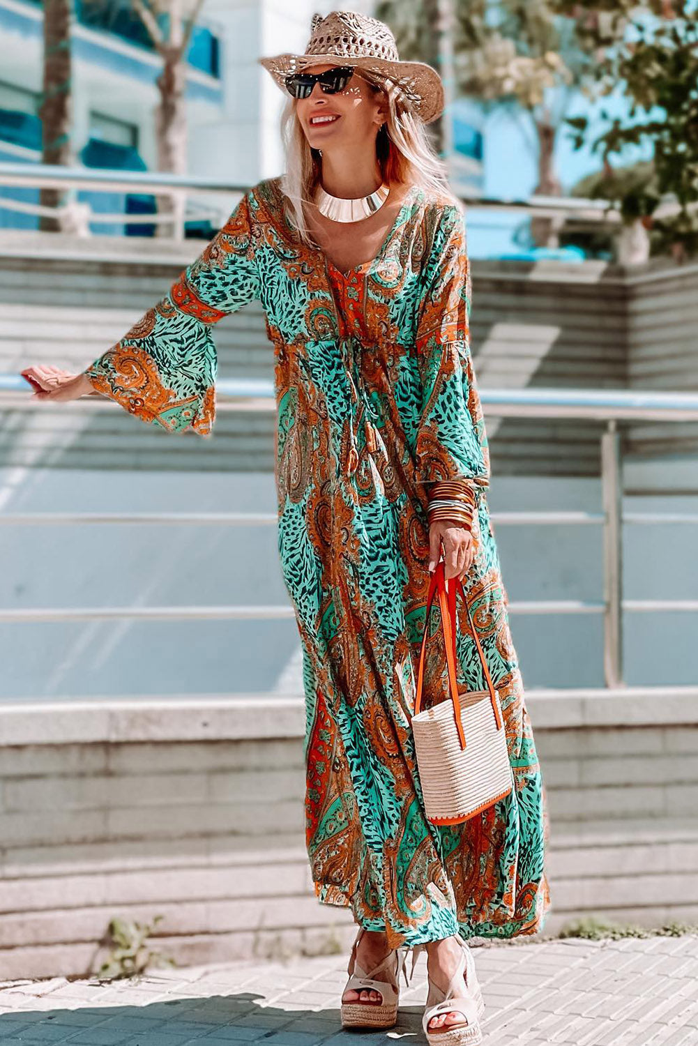 Green Boho Paisley Mix Print Long Sleeve V-Neck Tie Maxi Dress