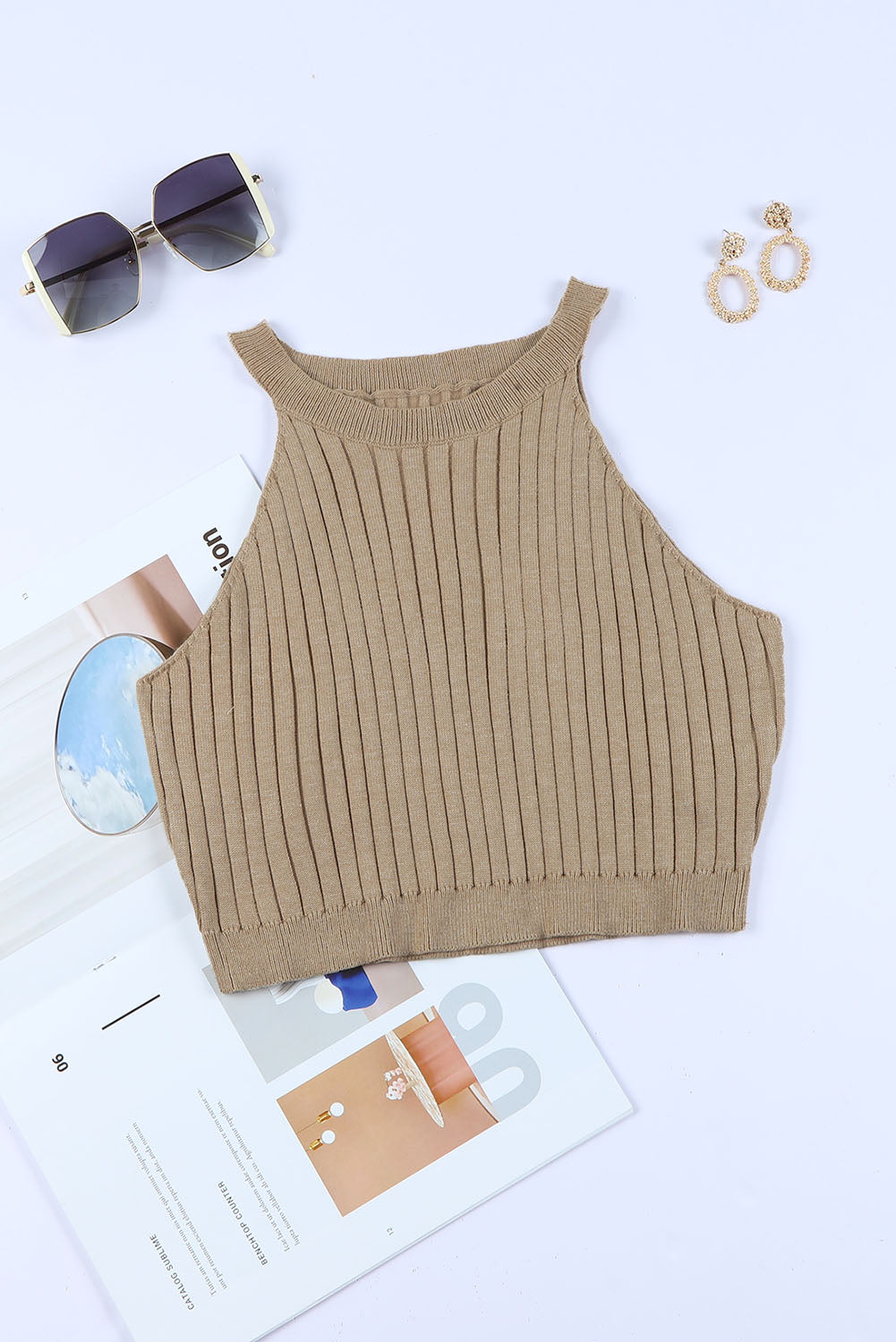 Brown Ribbed Knit Sleeveless Crop Top