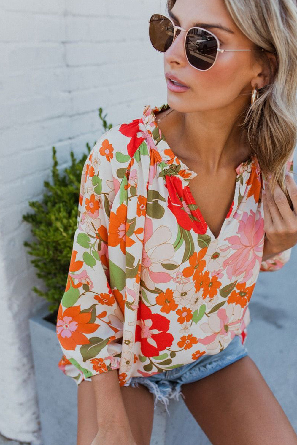 Orange Blooming Flowers Frill Trim Puff Sleeve Blouse