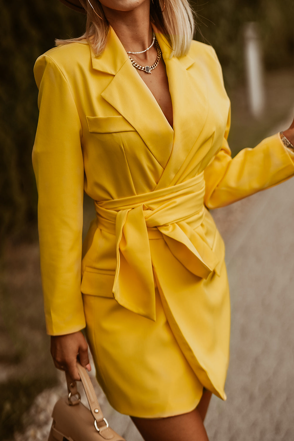 Yellow Long Sleeve Belted Blazer Dress