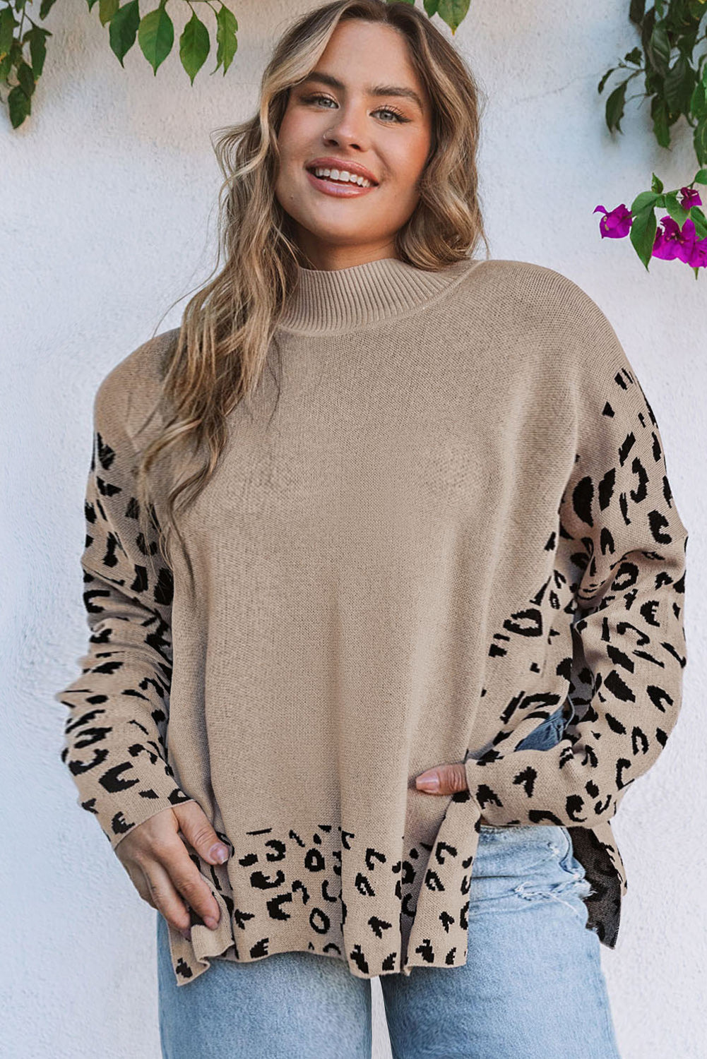 Khaki Leopard High Neck Side Slit Oversized Sweater