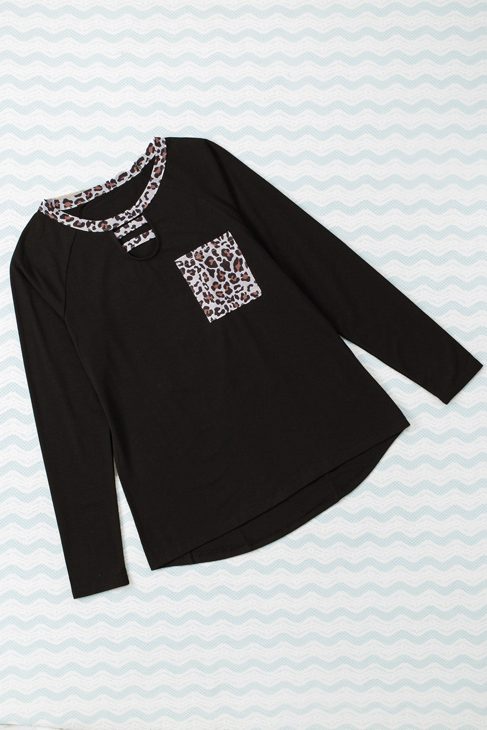 Black Black Leopard Patch Pocket Long Sleeve Top