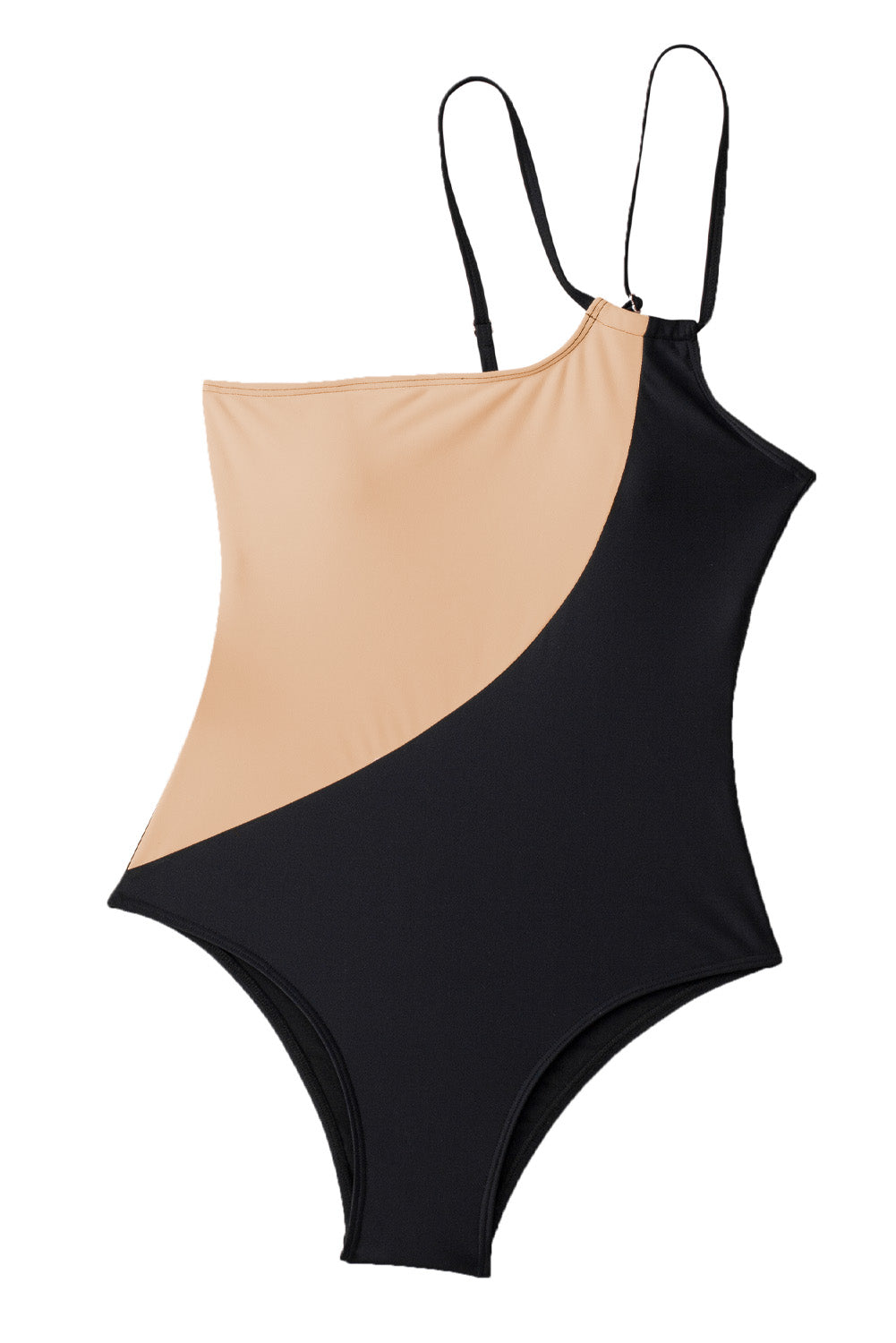 Black Double Straps One Shoulder Color Block Teddy Swimsuit