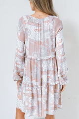 Multicolor Boho Print Long Sleeve Tiered Frilled Mini Dress