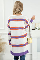 Beige Striped Long Sleeve Ribbed Trim Button Cardigan