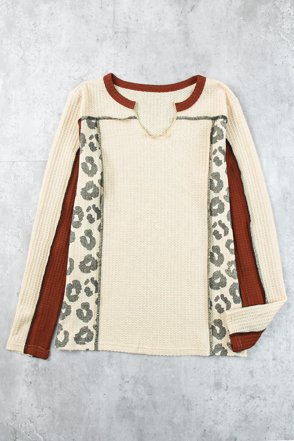 Leopard Colorblock Waffle Knit Long Sleeve Top