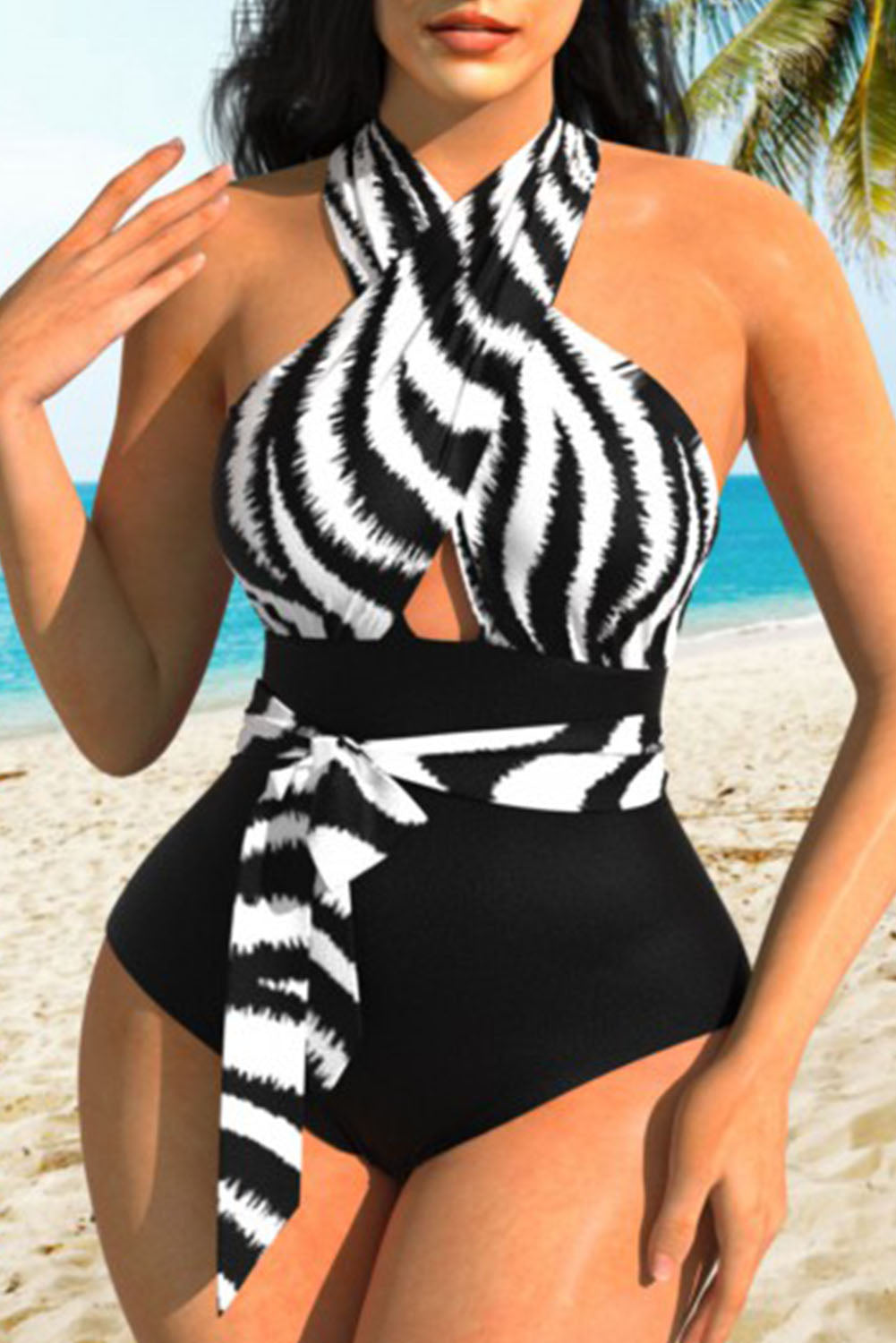 Black Zebra Print Twist Halter Self-tie One Piece Swimsuit