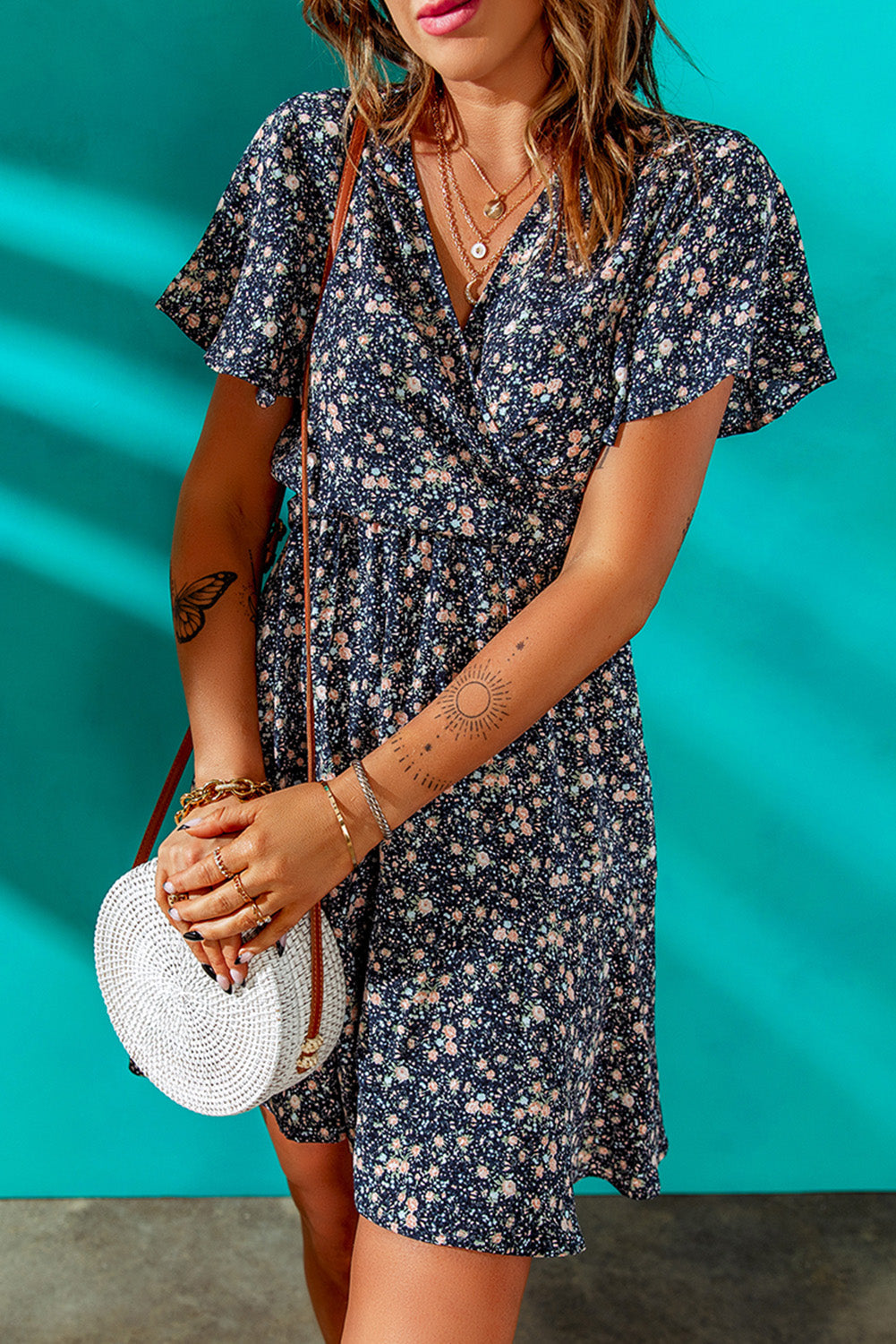 Blue Floral Print Tie Knot Ruffled Short Sleeve Mini Dress