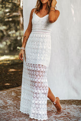 White Spaghetti Straps Lace Lined Maxi Dress with Slits