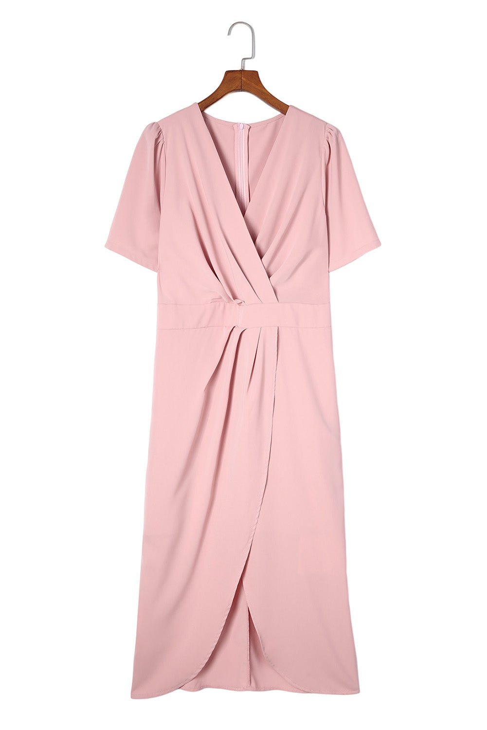 Pink Plus Size Wrap V Neck Slit Hem Midi Dress